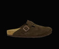 Brown suede sandal with a buckle on a white background